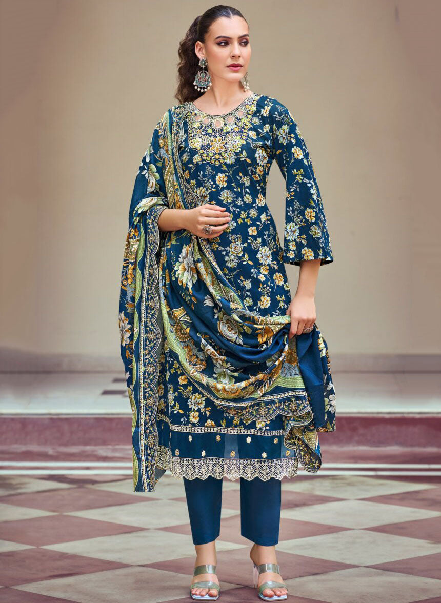 Pakistani Print Pure Cotton Blue Unstitched Suit Material with Embroidery