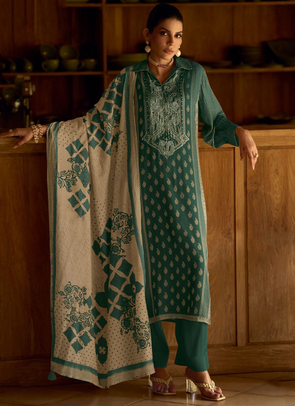 Green Pakistani Unstitched Muslin Suit Dress Material for Women