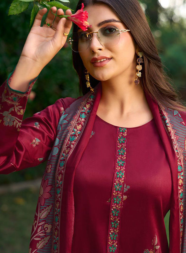 Party Wear Cotton Satin Maroon Unstitched Suit Material for Women