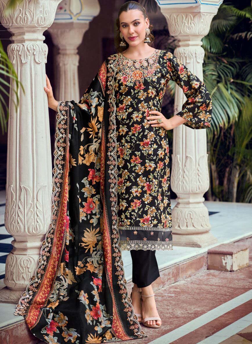 Pakistani Print Pure Cotton Black Unstitched Suit Material with Embroidery