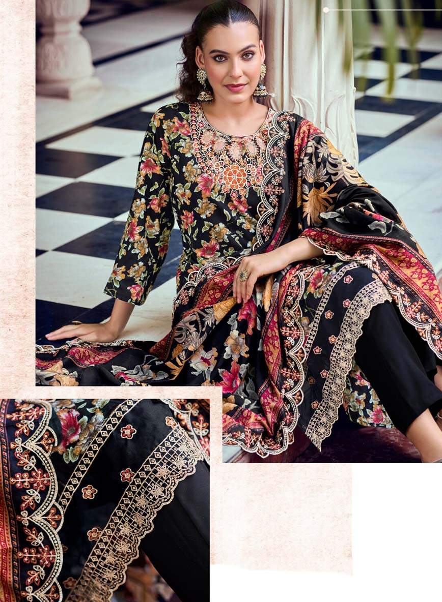 Pakistani Print Pure Cotton Black Unstitched Suit Material with Embroidery