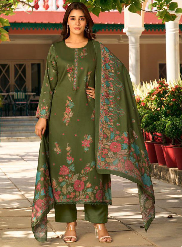 Party Wear Cotton Satin Green Unstitched Suit Dress Material for Women
