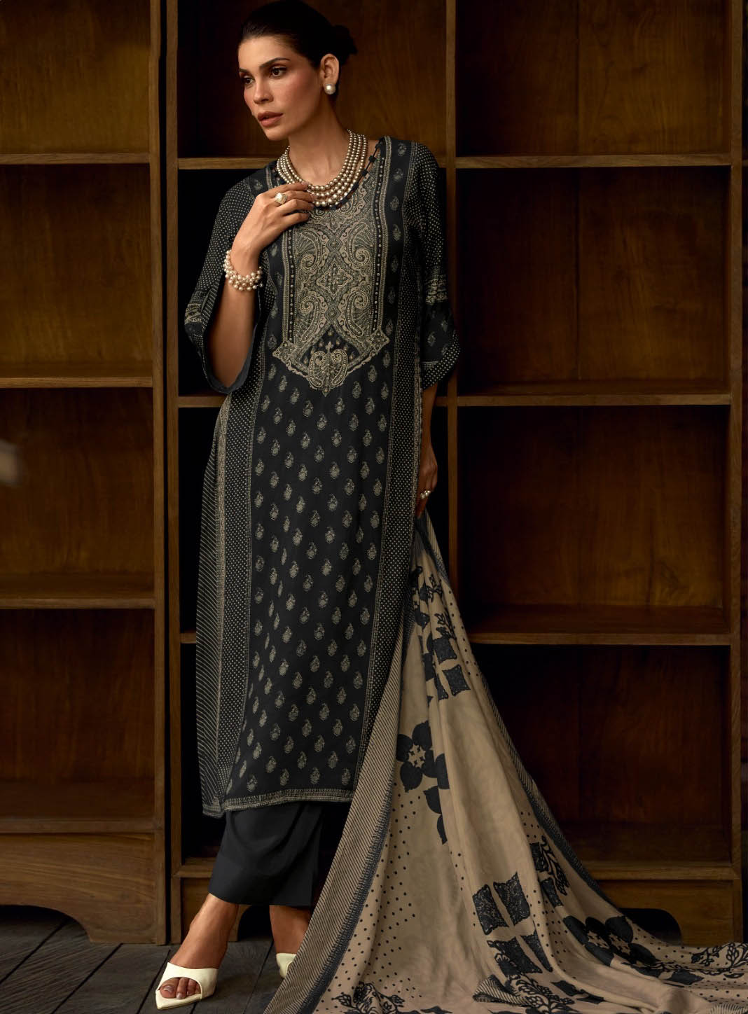 Pakistani Unstitched Black Muslin Suit Dress Material for Women