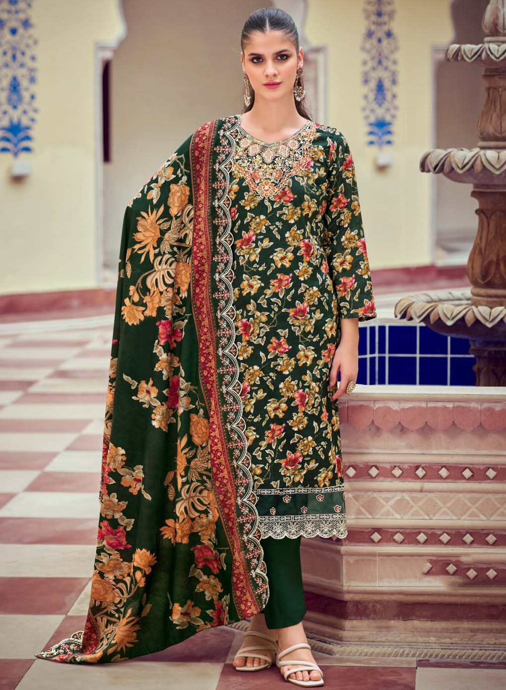 Pakistani Print Pure Cotton Green Unstitched Suit Material with Embroidery