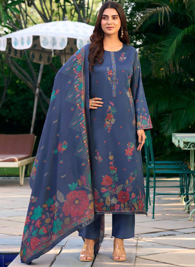Party Wear Cotton Satin Blue Unstitched Suit Dress Material for Women – Stilento