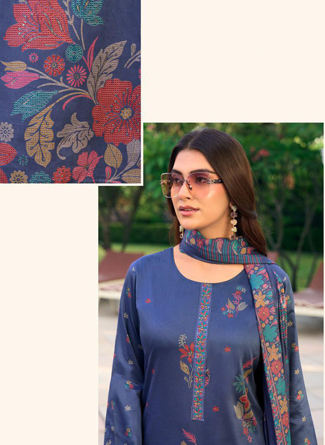 Party Wear Cotton Satin Blue Unstitched Suit Dress Material for Women
