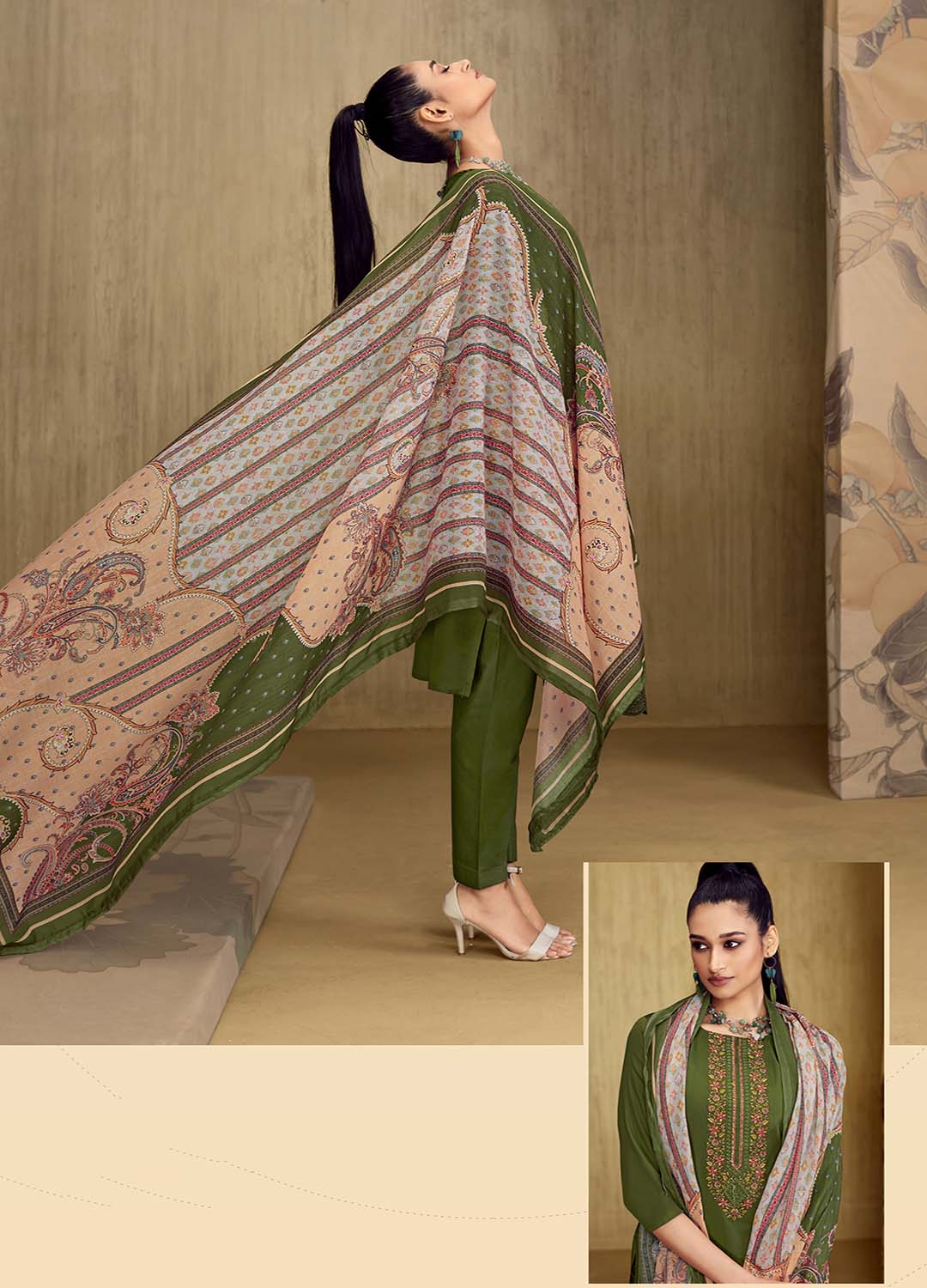 Belliza Women Embroidered Green Cotton Suit Dress Material Unstitched