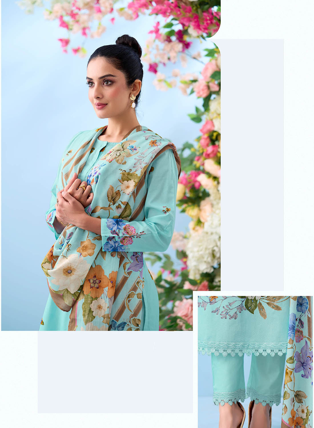 Blue Pure Cotton Unstitched Dress Material Suit Set for Women