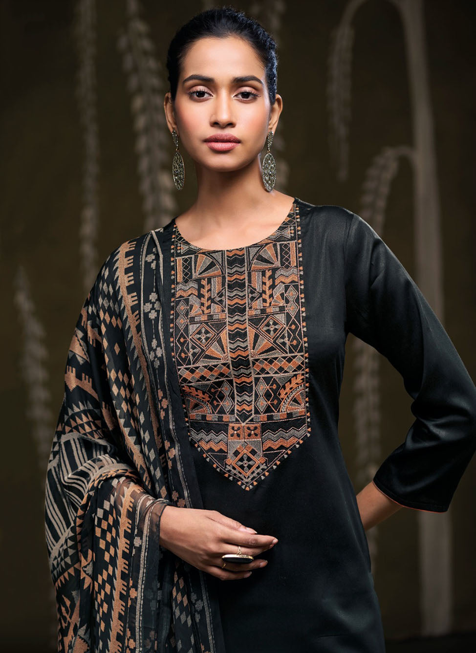 Ganga Cotton Satin Black Unstitched Salwar Suit Set Fabric Material