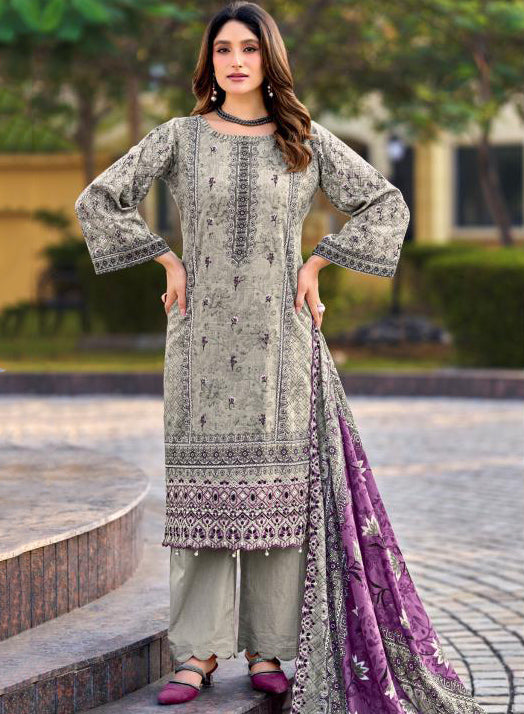 Pakistani Print Grey Unstitched Cotton Suit Material with Daman Embroidery