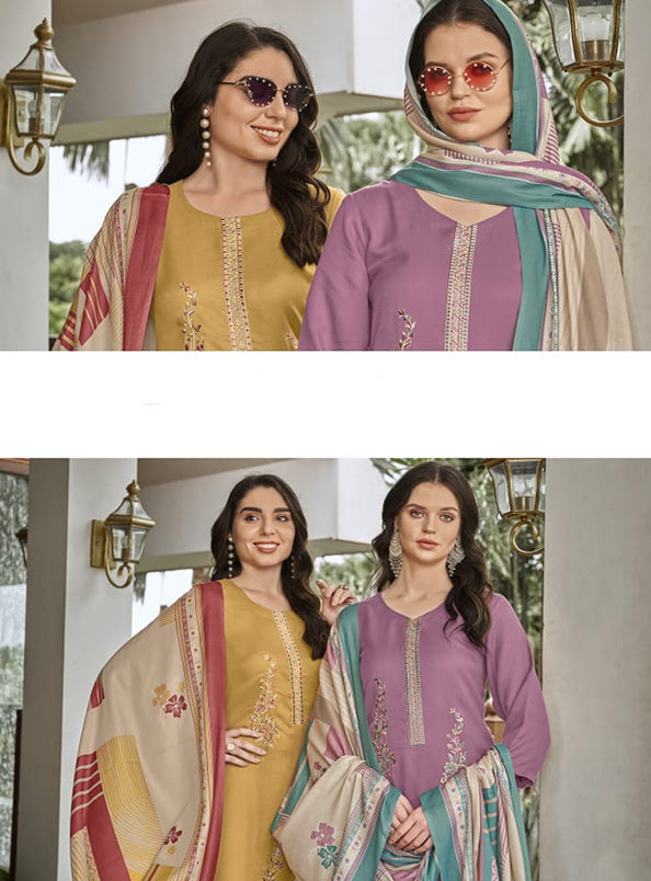 Mustard Pashmina Unstitched Winter Salwar Suit Material with Embroidery