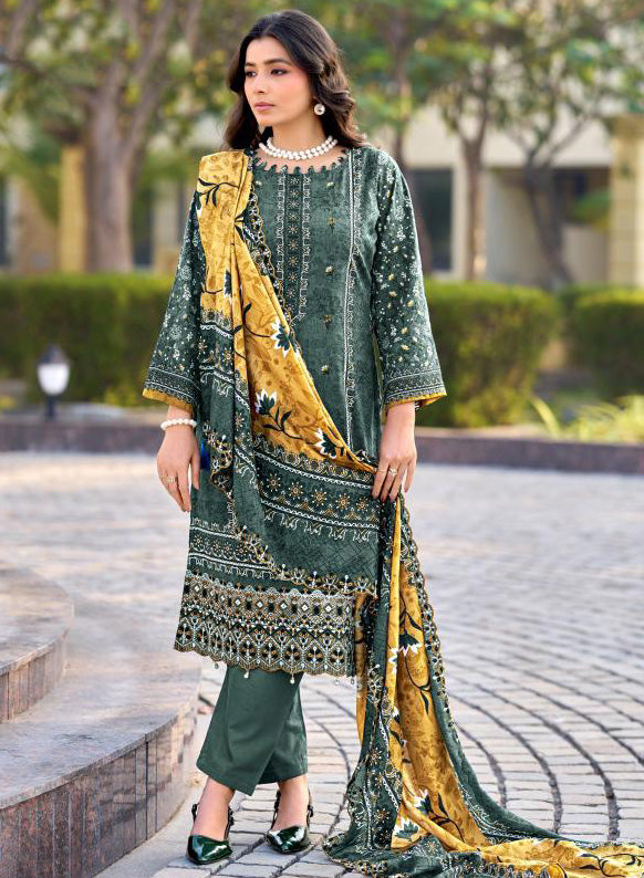 Pakistani Print Unstitched Cotton Salwar Suit Material with Daman Embroidery