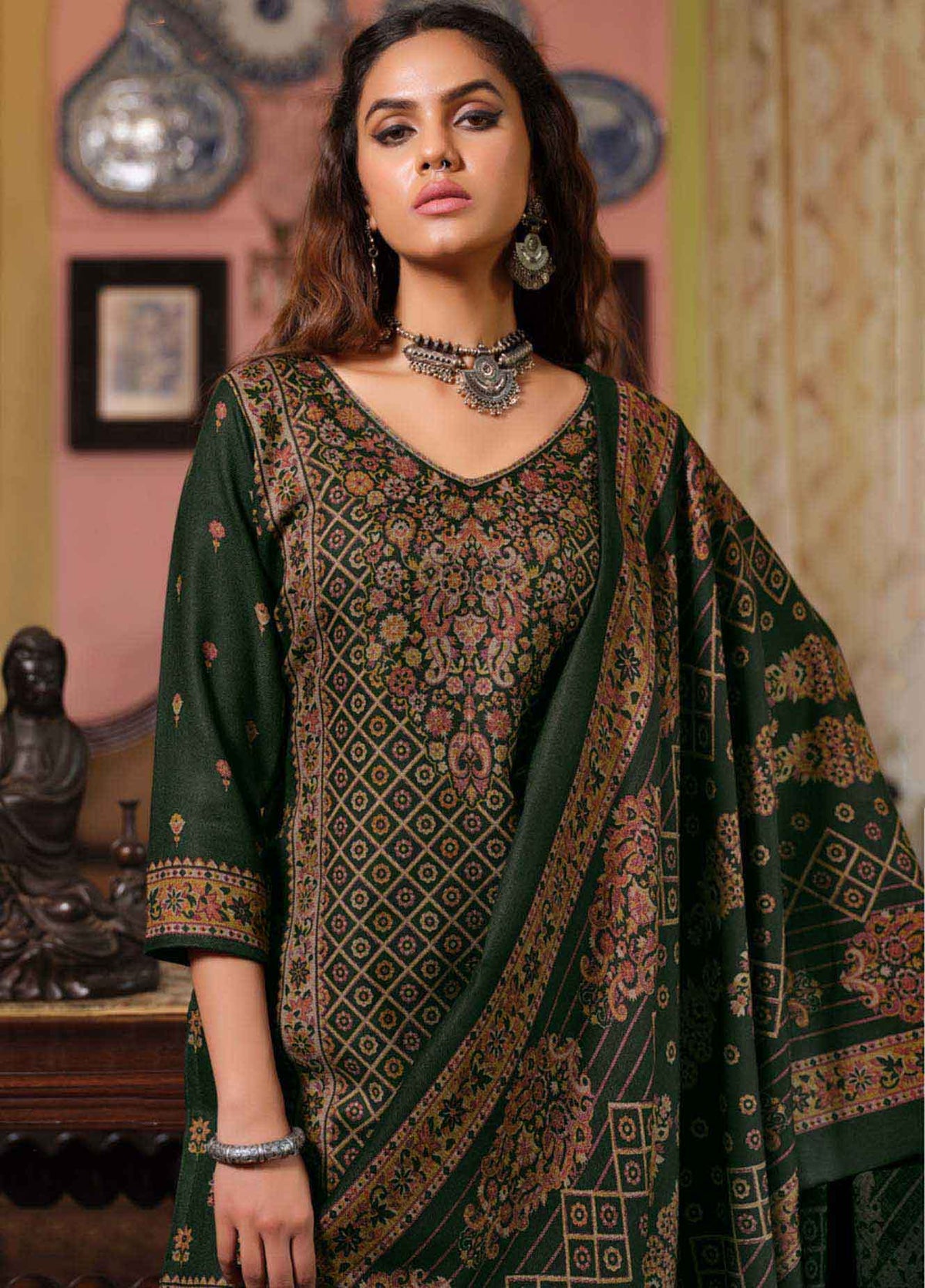Belliza Green Pure Alpine Woolen Unstitched Winter Suits for Women