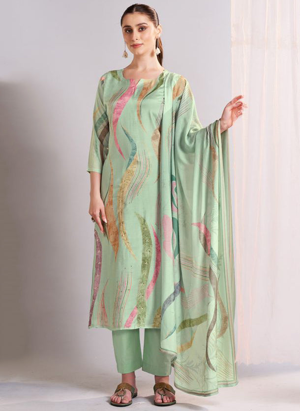 Green Pure Muslin Unstitched Salwar Suit Material for Women