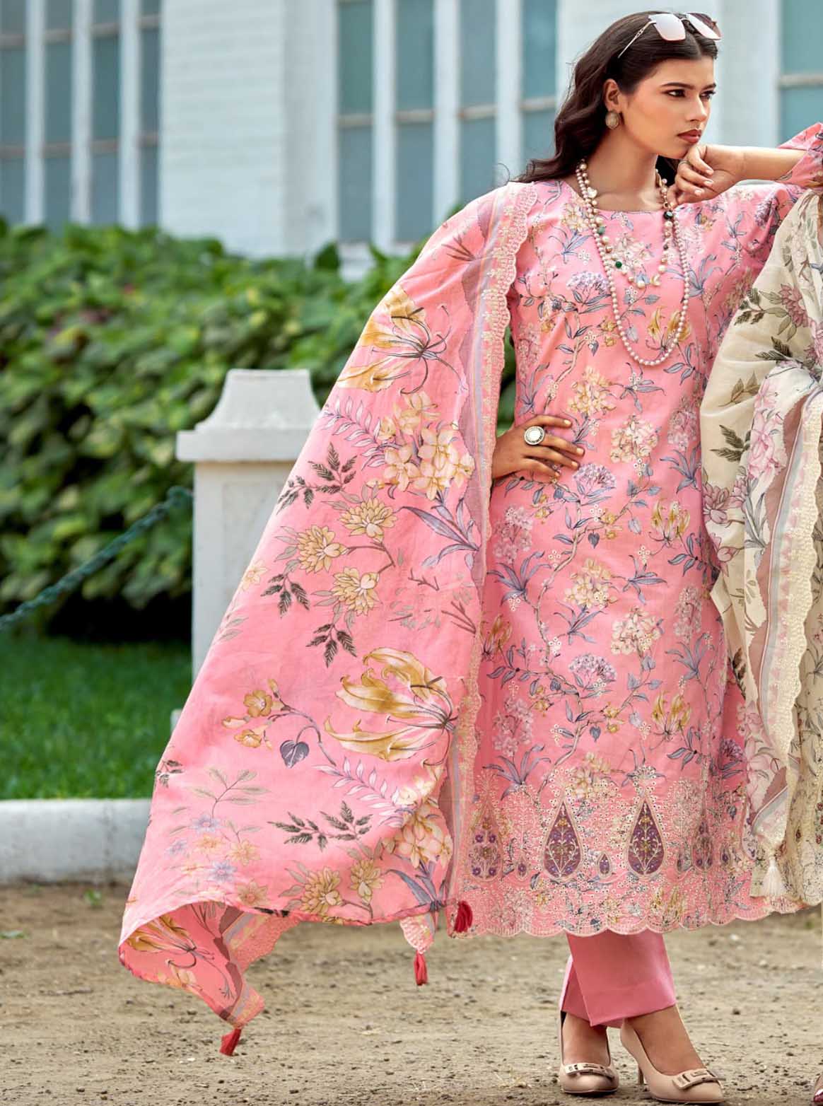 Unstitched Cotton Pakistani Suit Material with Chikankari Embroidery Pink