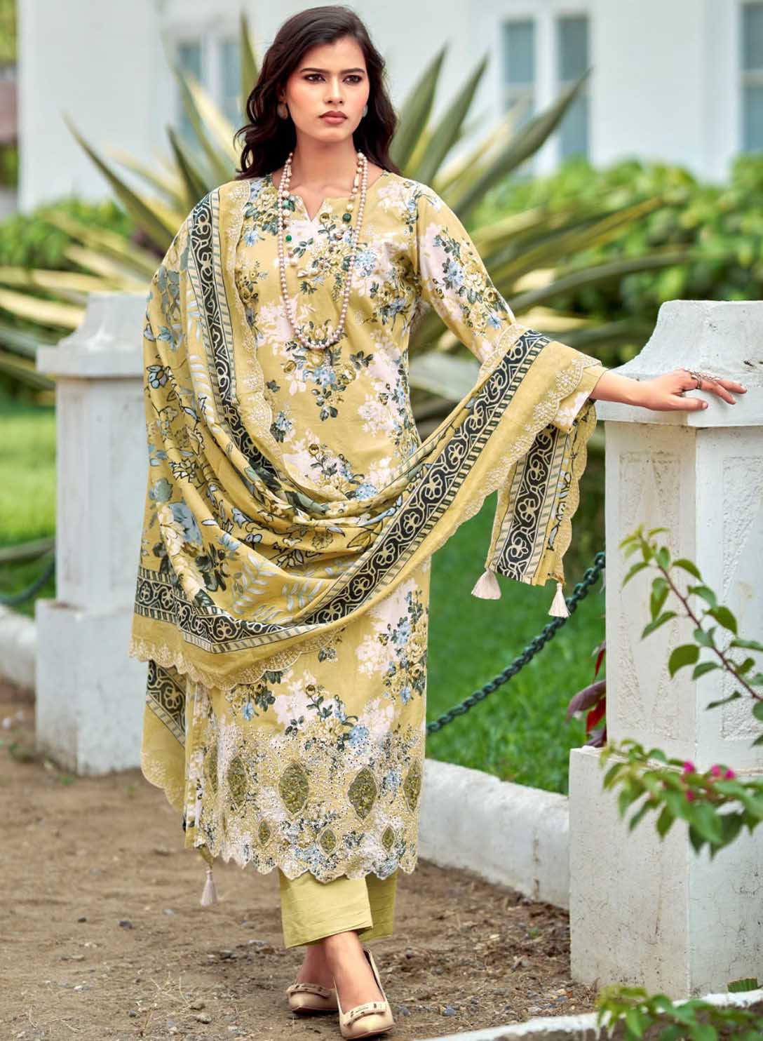 Unstitched Cotton Pakistani Suit Material with Chikankari Embroidery