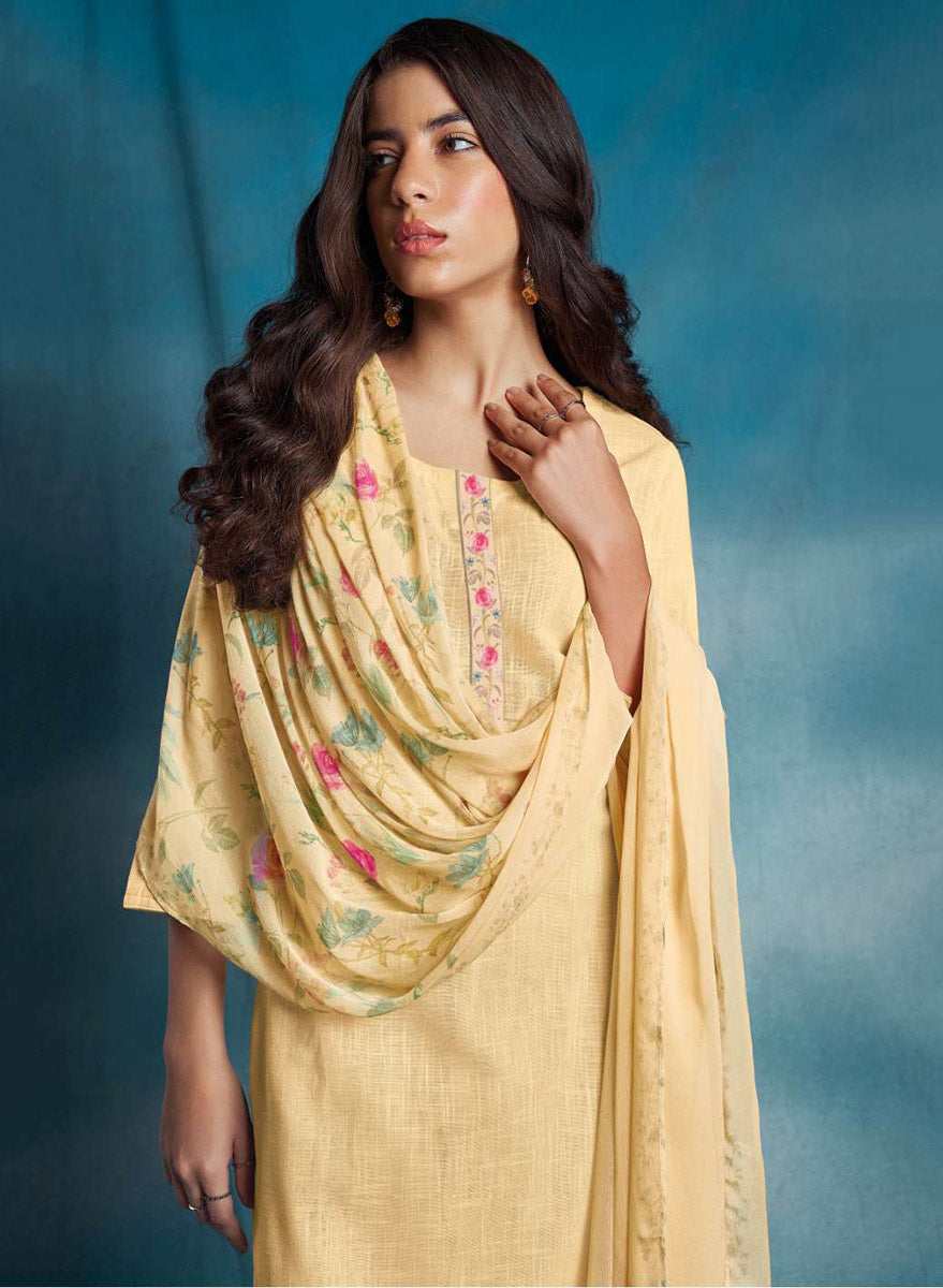 Ganga Women's Yellow Unstitched Cotton Linen Printed Suit Material