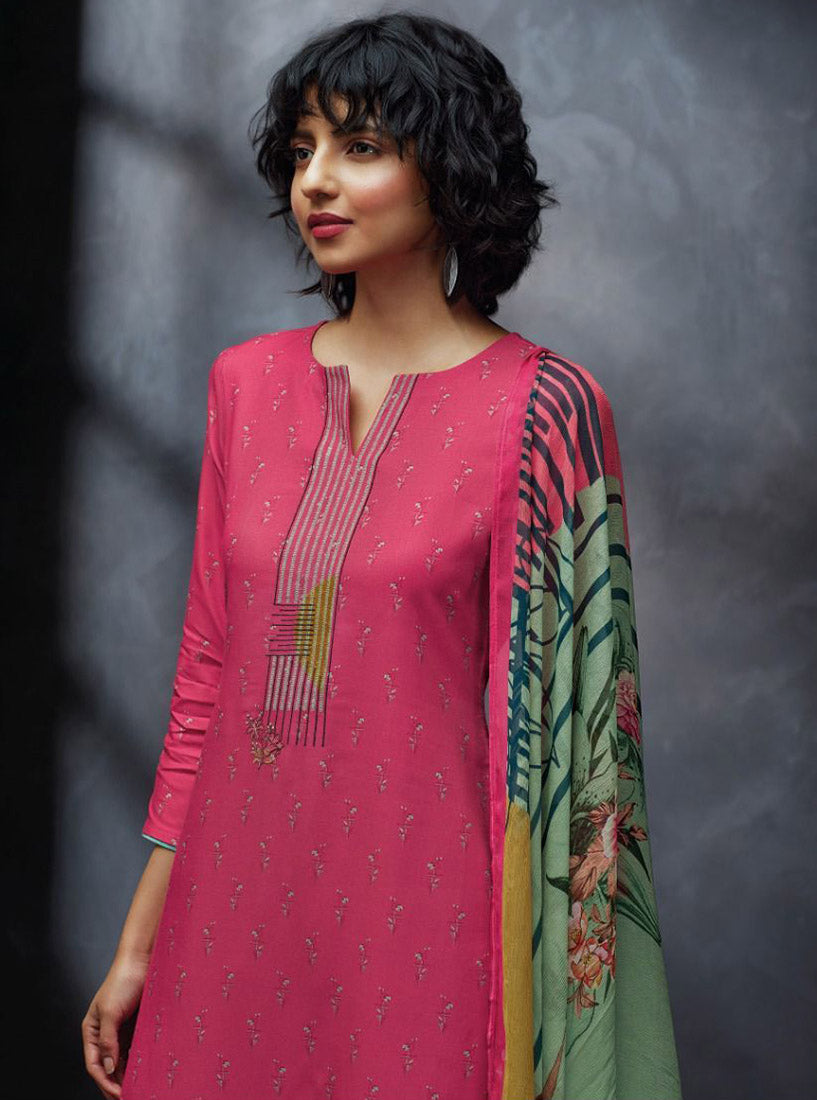 Ganga Woolen Pashmina Pink Winter Suit Dress Materials for Women