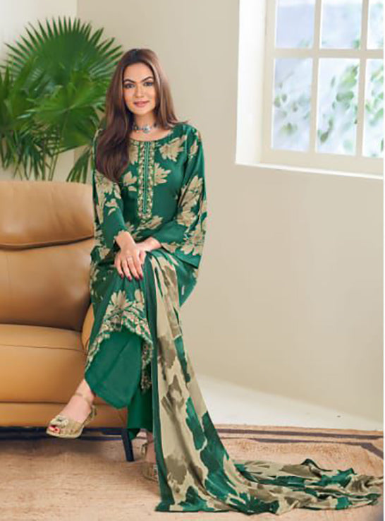 Green Unstitched Pashmina Winter Suit Dress Material with Embroidery