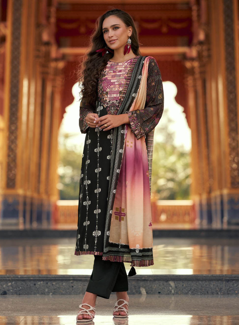Pure Muslin Silk Black Unstitched Suit Material for Women