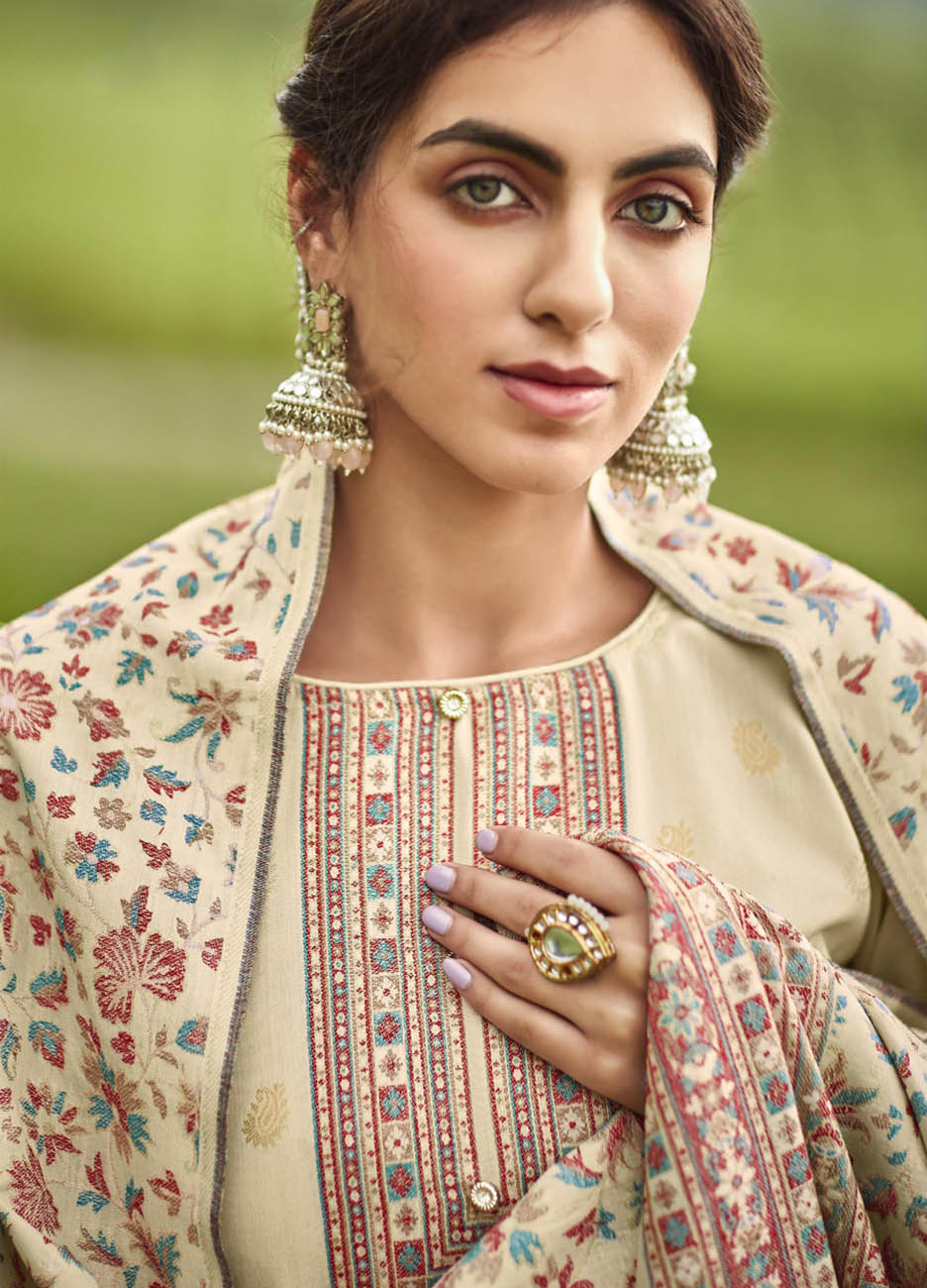 Pashmina Kaani Jacquard Off-White Unstitched Winter Suit for Women