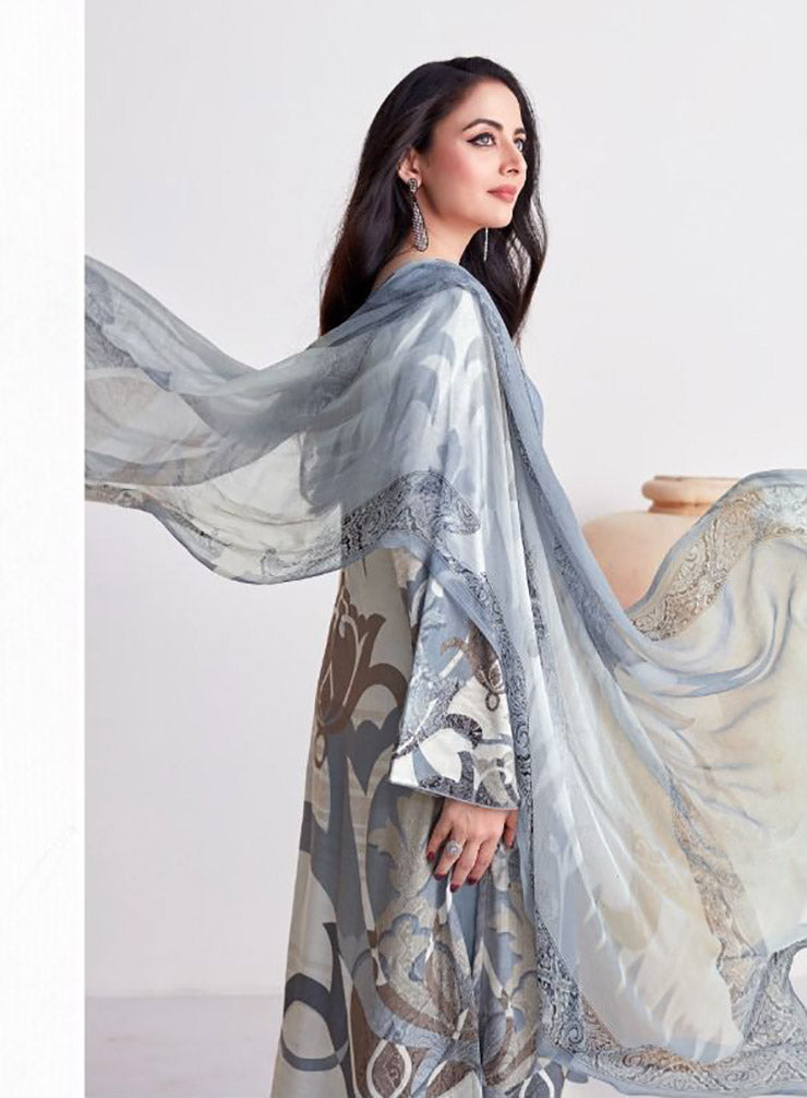 YesFab Grey Pure Cotton Printed Unstitched Suit Material for Women