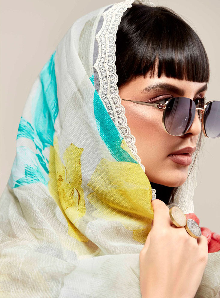 Kimora Pure Cotton Linen Unstitched Suit Dress Material with Embroidery