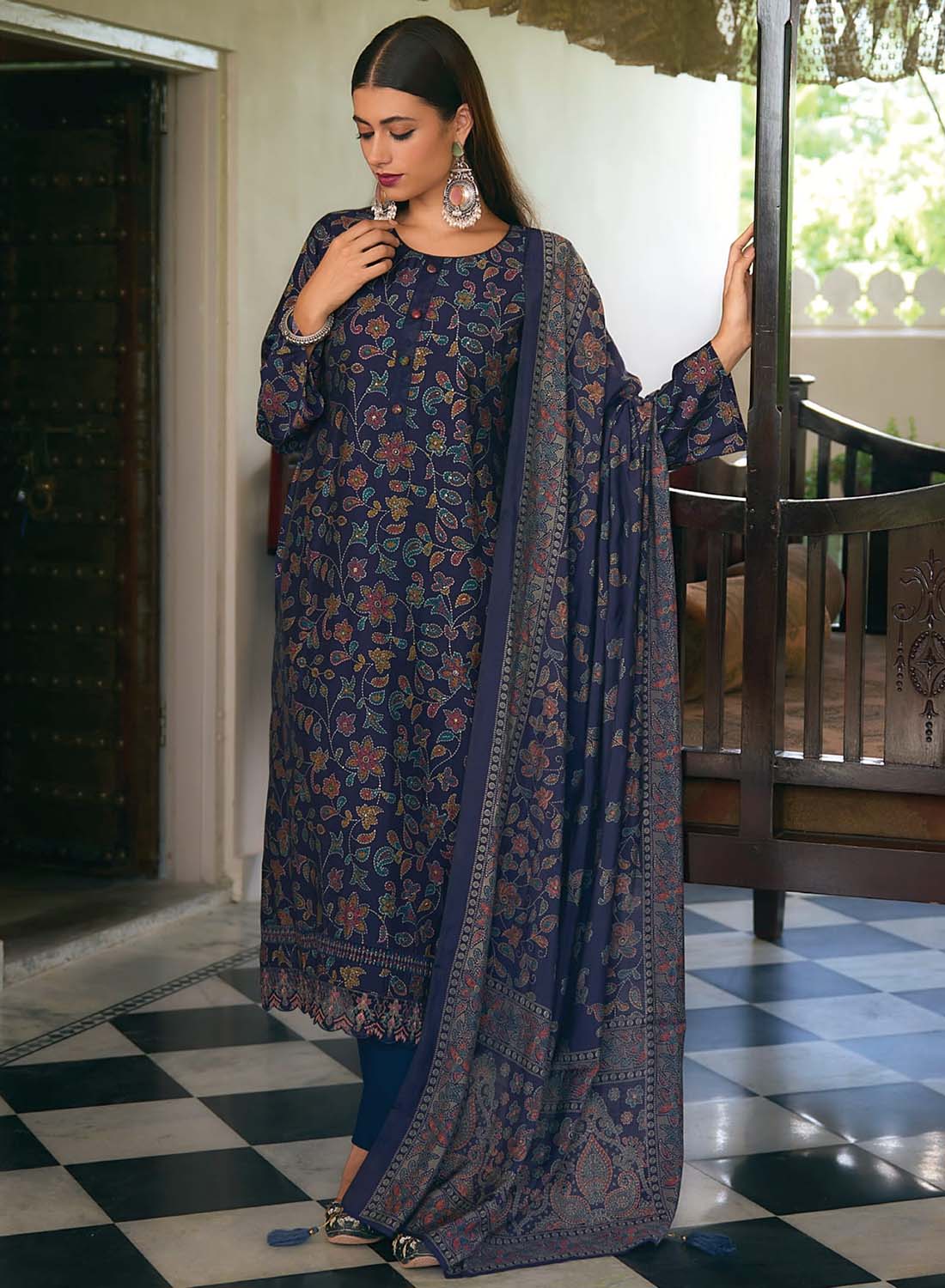 Modal Silk Blue Unstitched Suit Dress Material with Fancy Embroidery