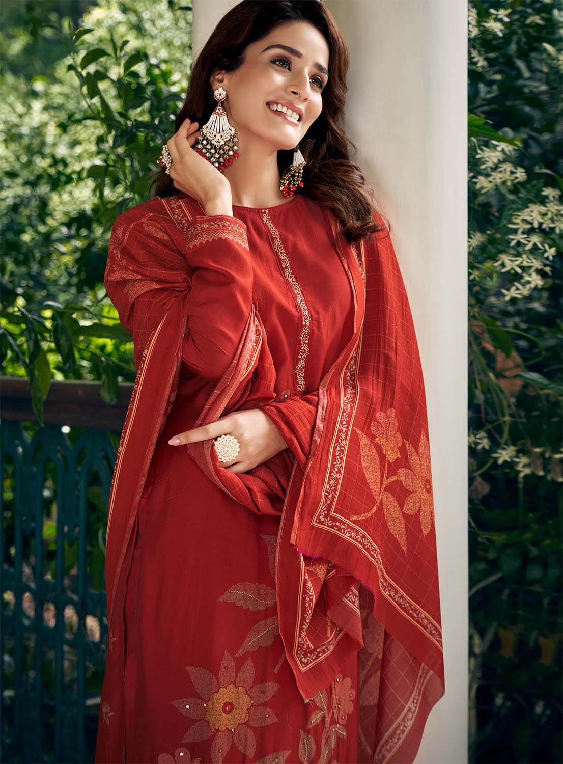 Pure Muslin Printed Party Wear Red Unstitched Women Suit Material