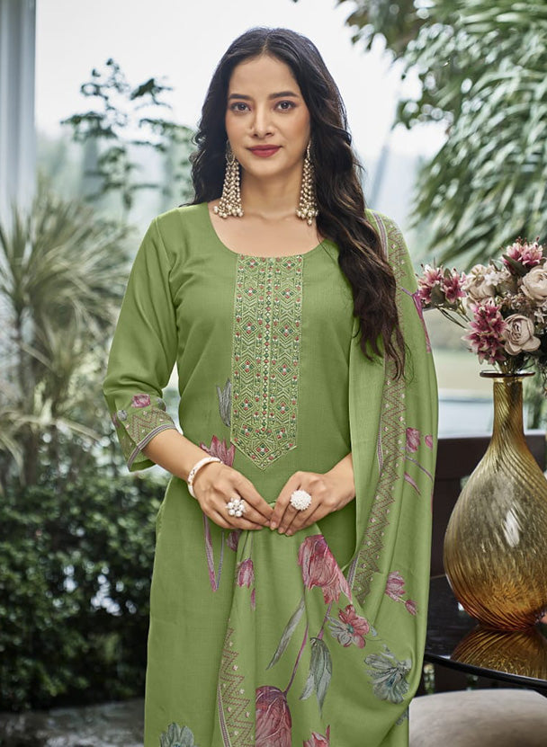 Green Pashmina Unstitched Winter Suit Dress Material with Neck Embroidery