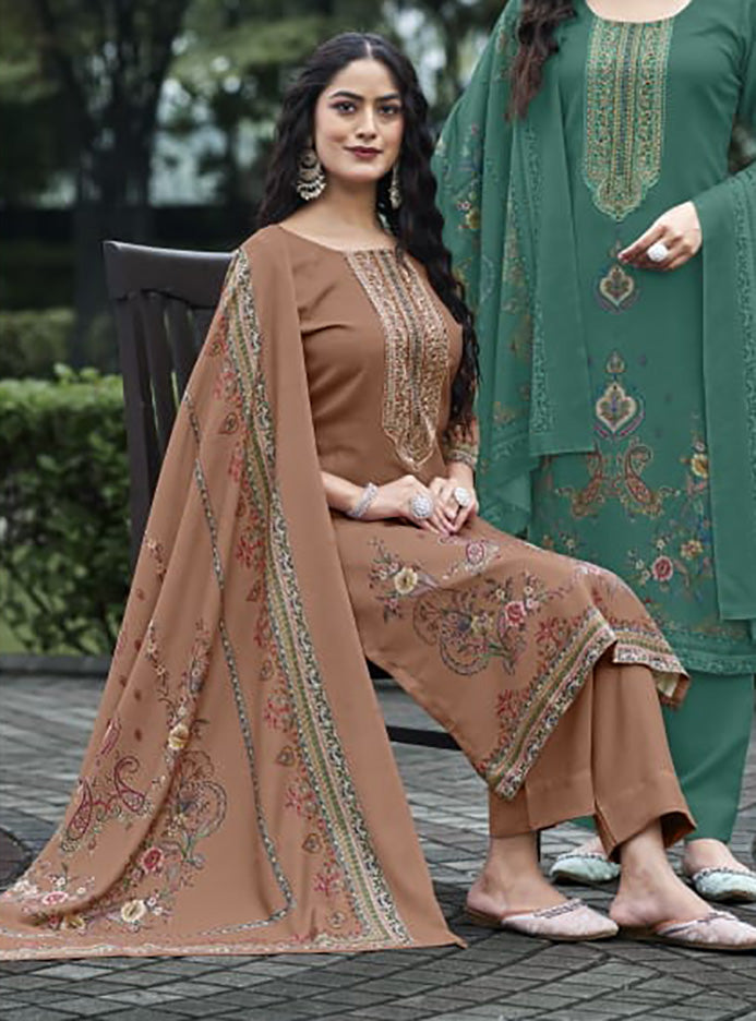 Unstitched Pashmina Winter Suit Dress Material with Neck Embroidery