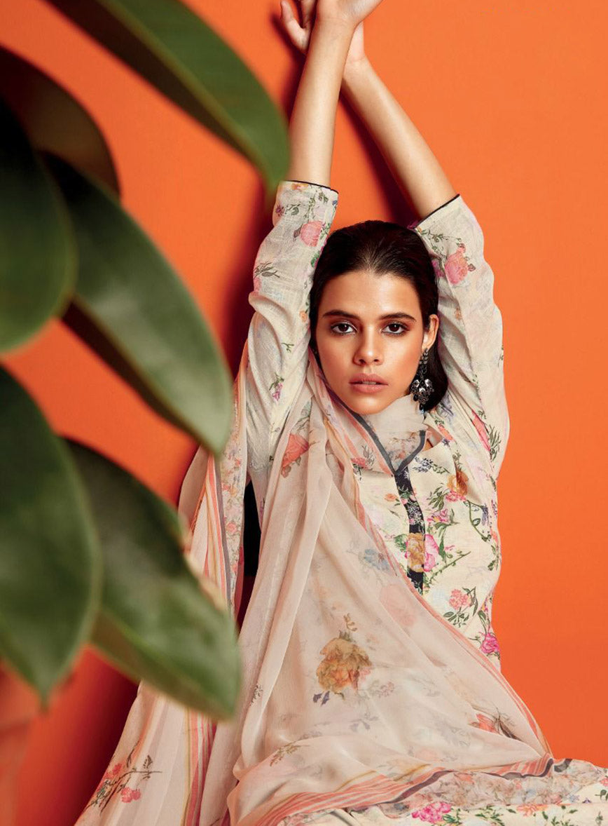 Ganga Off-White Pure Cotton Linen Printed Unstitched Salwar Suit Material