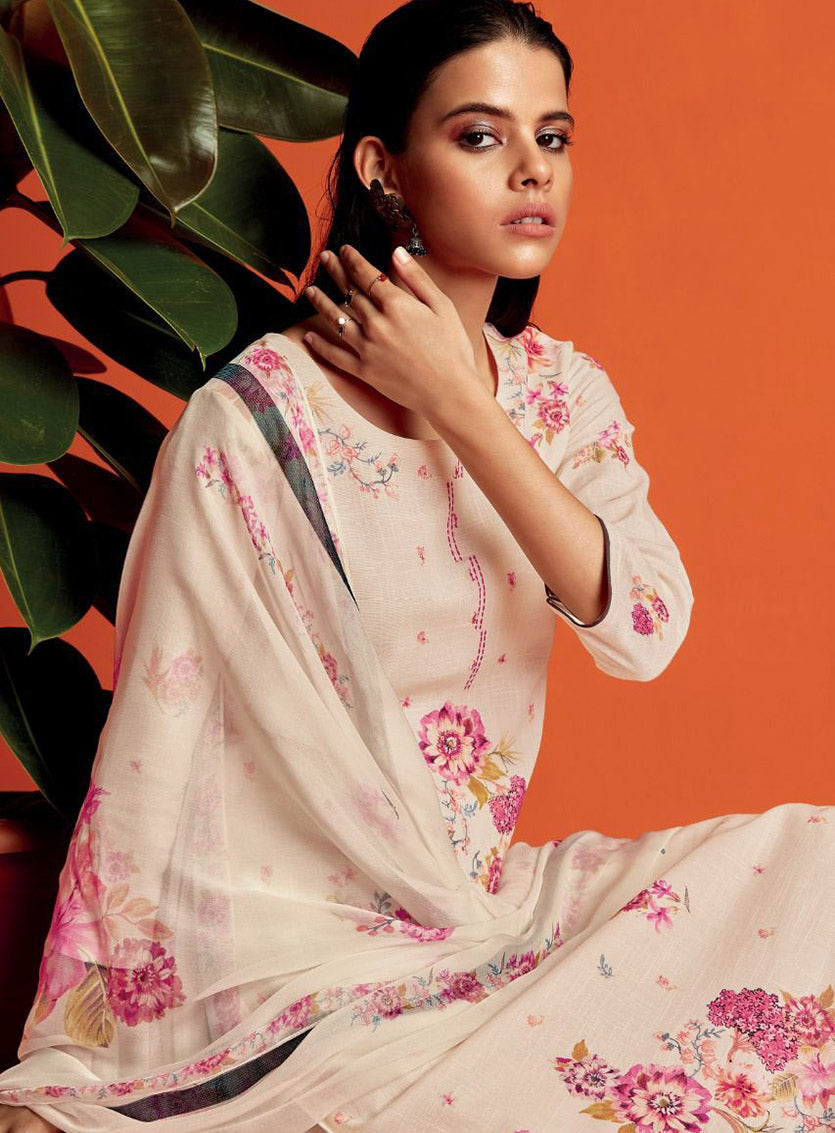 Ganga Off-White Pure Cotton Linen Printed Unstitched Suit Dress Material