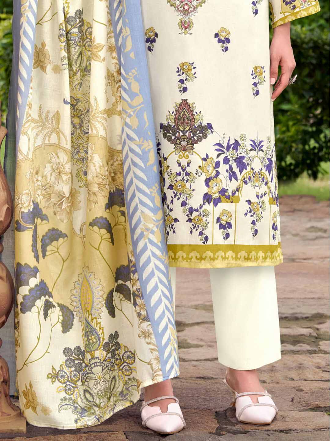 Off White Pure Cotton Pakistani Print Unstitched Suit Set with Embroidery