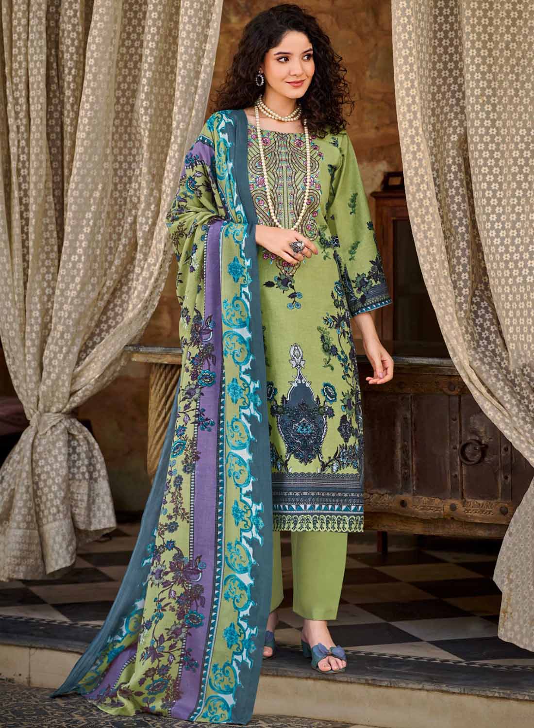Green Pakistani Print Unstitched Pure Cotton Suit Material with Dupatta