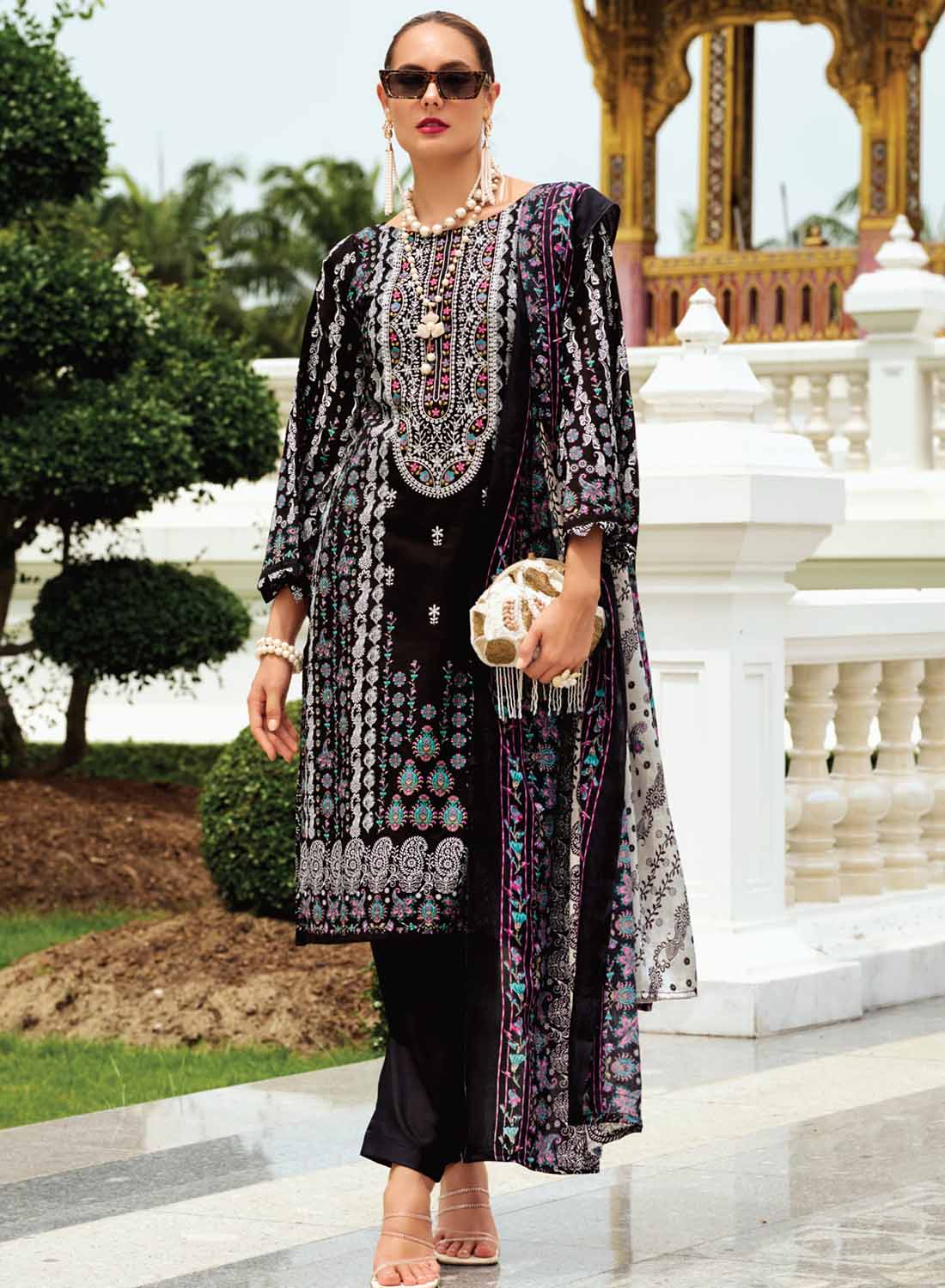 Pakistani Print Unstitched Pure Cotton Suit Material with Embroidery