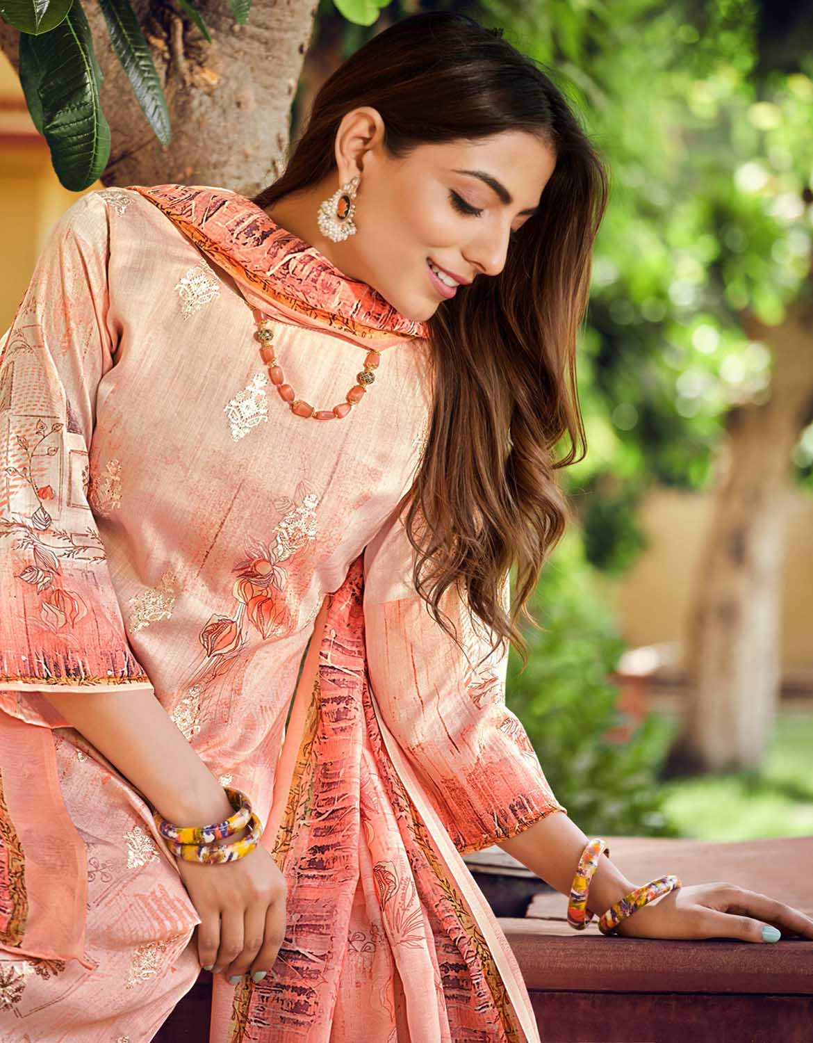 Belliza Unstitched Embroidered Women Cotton Suit Fabric Peach