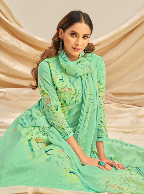 Cotton Linen Printed Green Unstitched Suit with Chiffon Dupatta