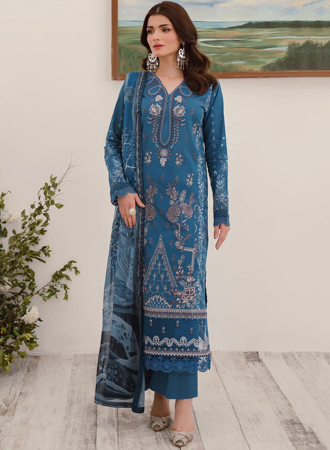 Ramsha Unstitched Pure Pakistani Lawn Suit Material with Chiffon Dupatta