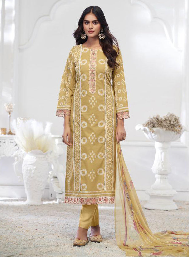 Pure Cambric Cotton Green Unstitched Suit Material with Chiffon Dupatta