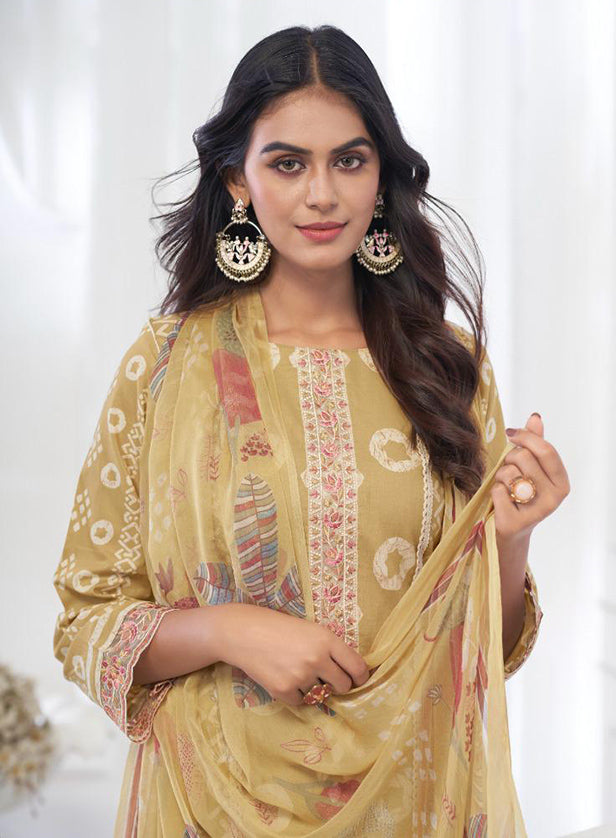 Pure Cambric Cotton Green Unstitched Suit Material with Chiffon Dupatta
