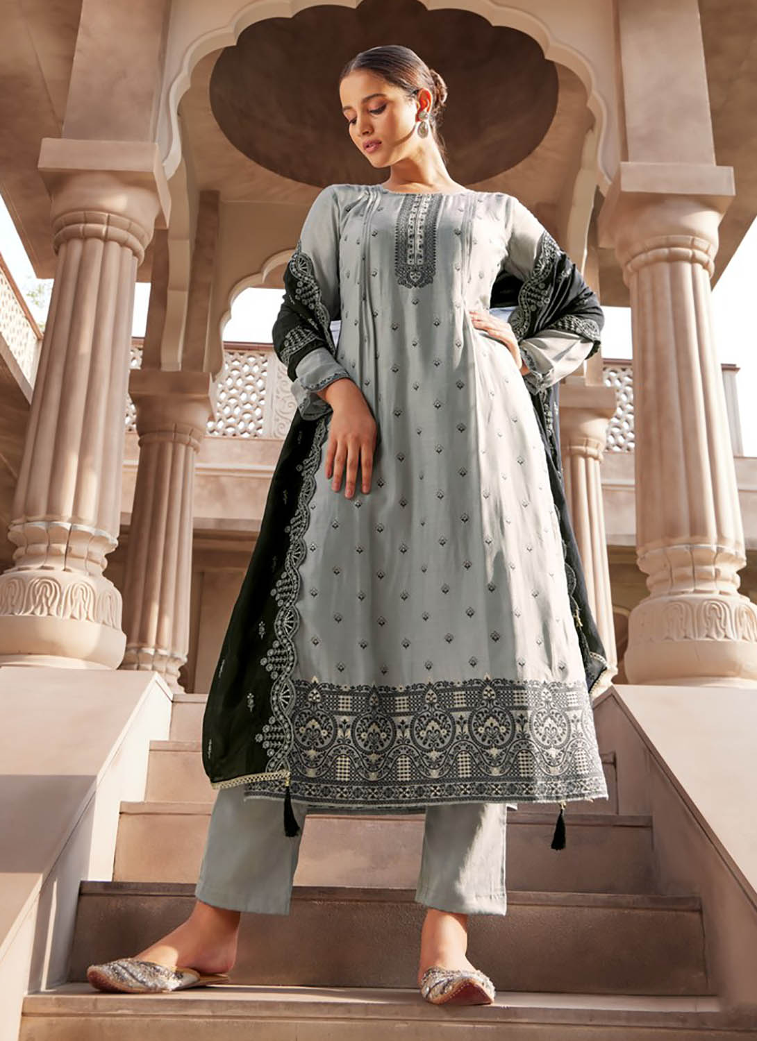 Party Wear Silk Jacquard Unstitched Salwar Suit Material for Ladies