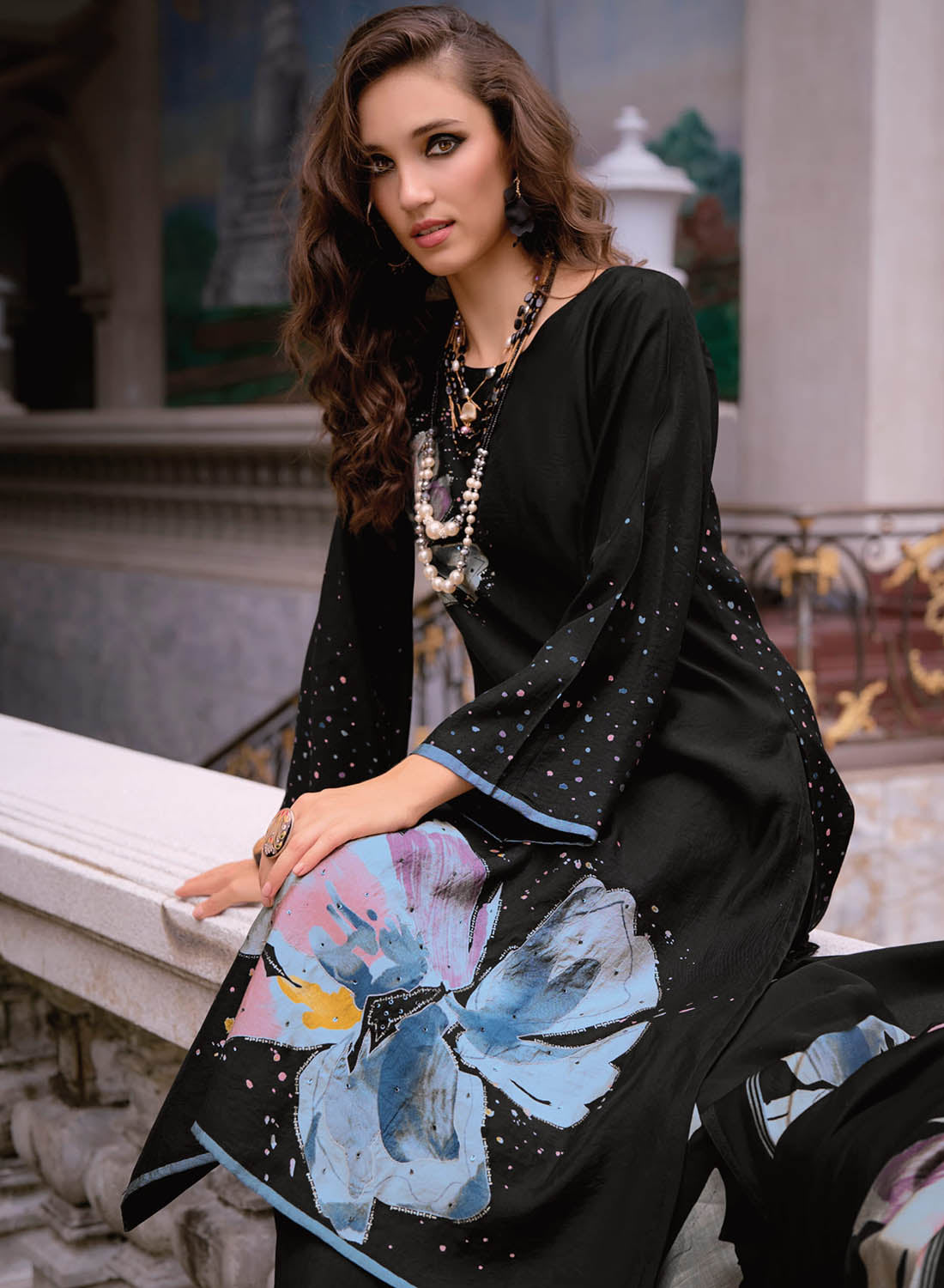 Black Unstitched Pashmina Winter Salwar Suit Material with Shawl Dupatta