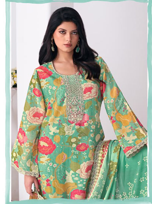 Party Wear Muslin Unstitched Pakistani Suit Material with Embroidery