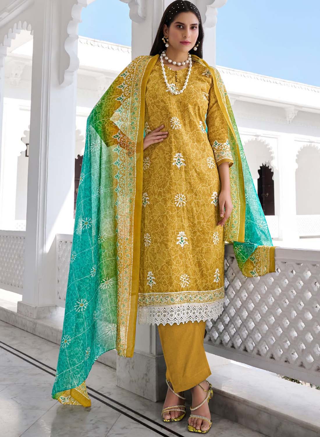 Pure Cotton Mustard Unstitched Suit Material with Mirror and Lace Work