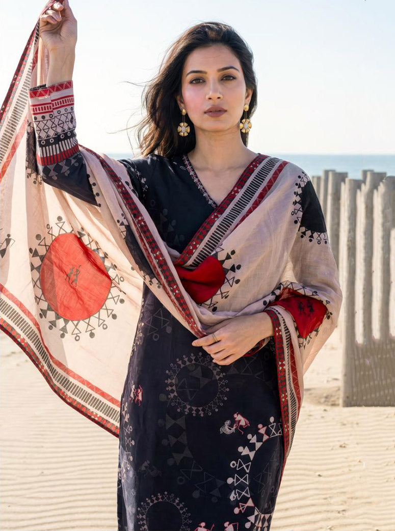 Pure Cotton Lawn Printed Black Unstitched Salwar Suit for Women