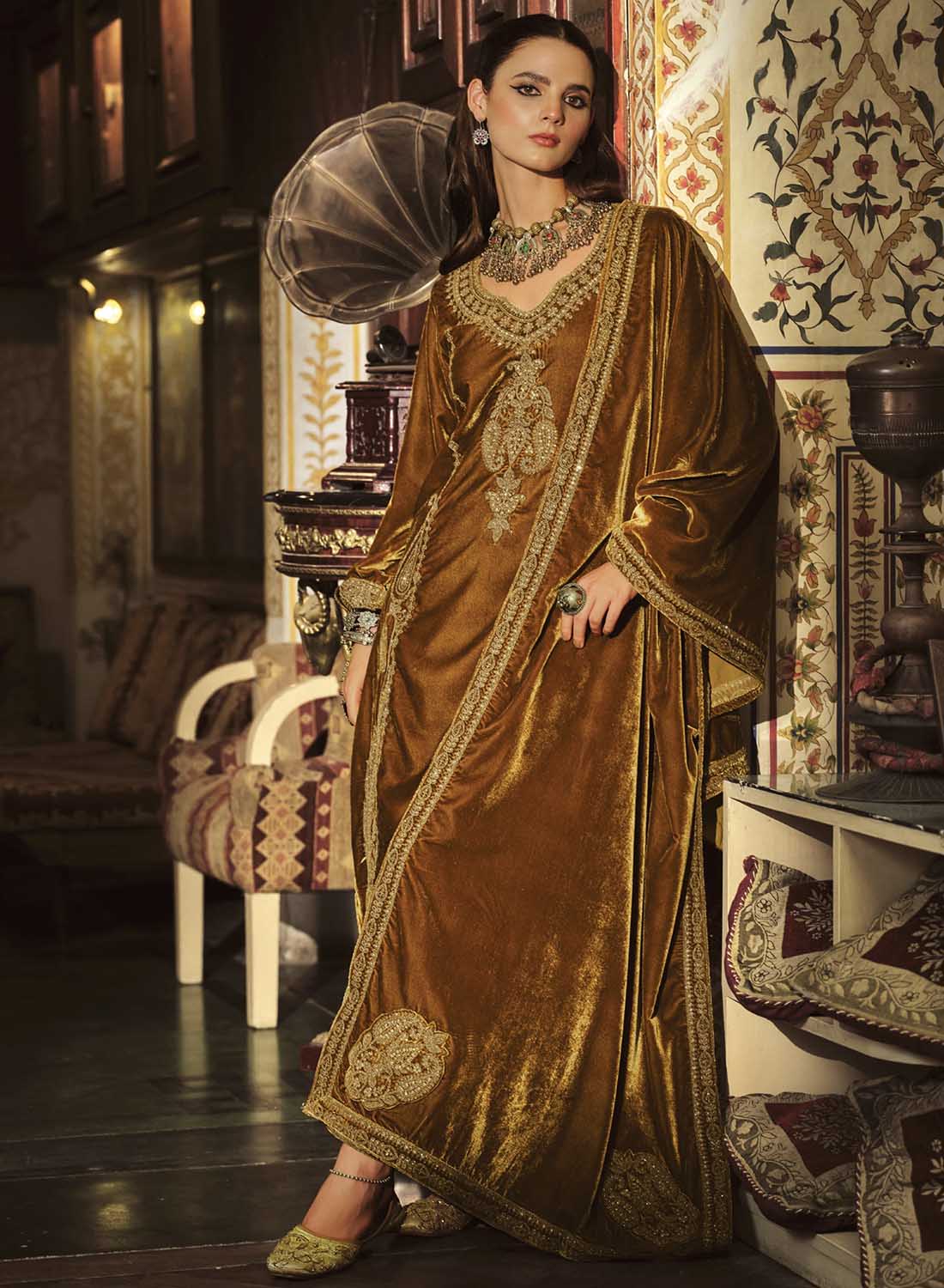 Mustard Party Wear Pakistani Unstitched Velvet Suit Dress Material