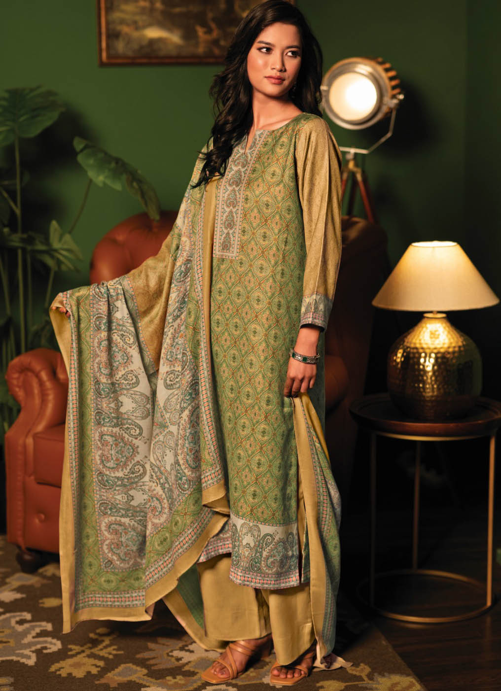 Green Unstitched Pashmina Winter Suits Dress Material for Women