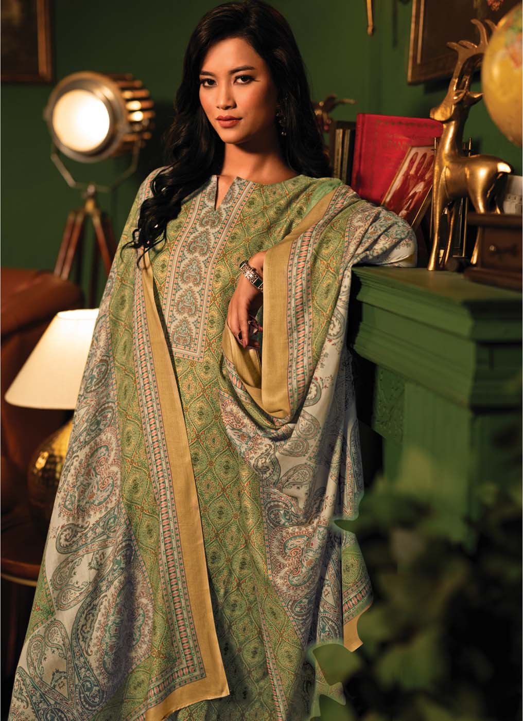 Green Unstitched Pashmina Winter Suits Dress Material for Women
