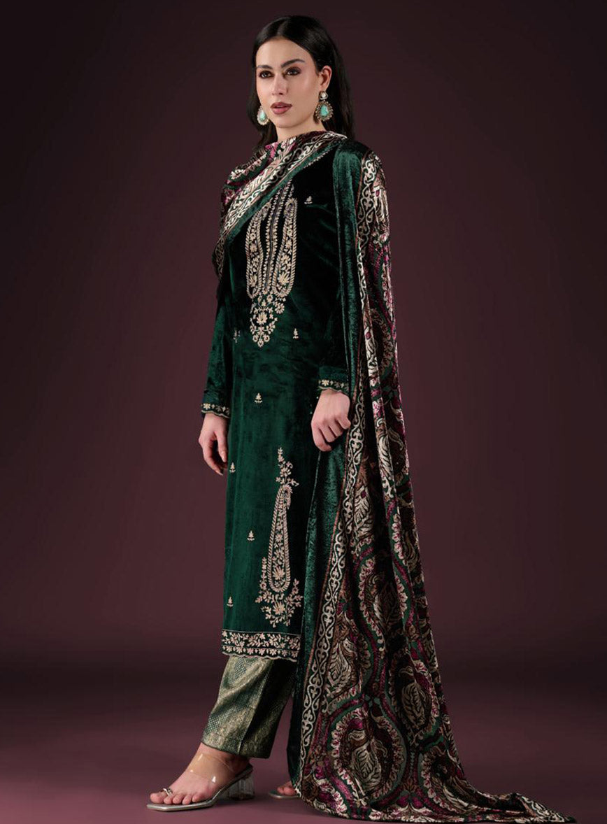 Party Wear Green Velvet Unstitched Salwar Suit Material with Embroidery